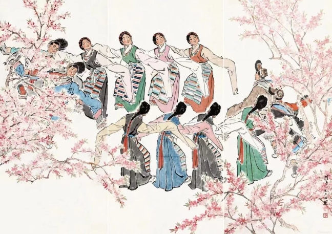 葉淺予高原之春紙本設(shè)色211cm×98cm、211cm×105cm、211cm×98cm1964年